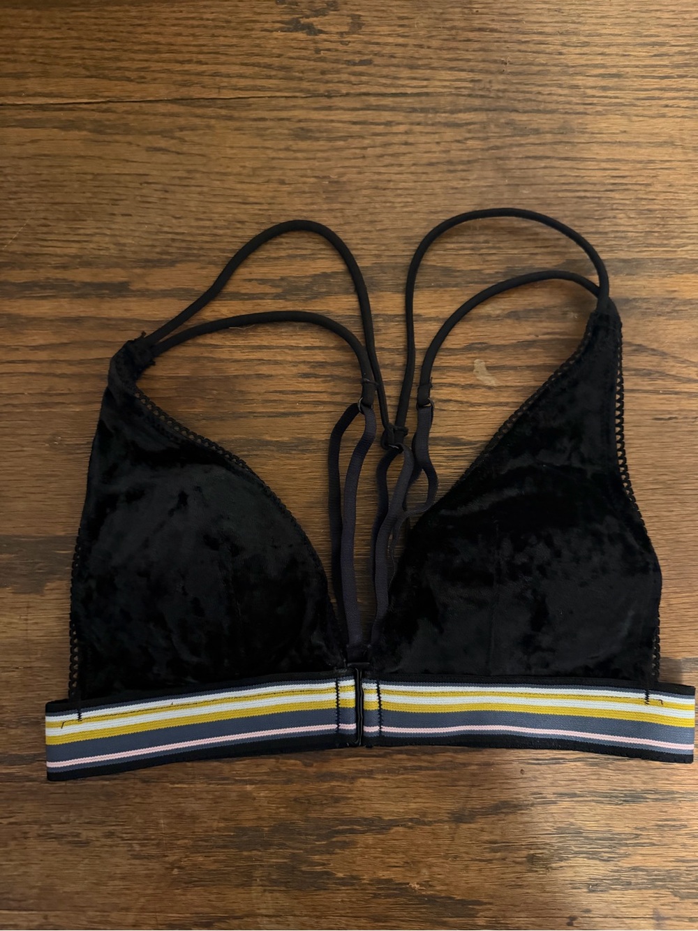 Source Unknown Black Velvet Bralette with Multicolor Striped Band Front Clasp
